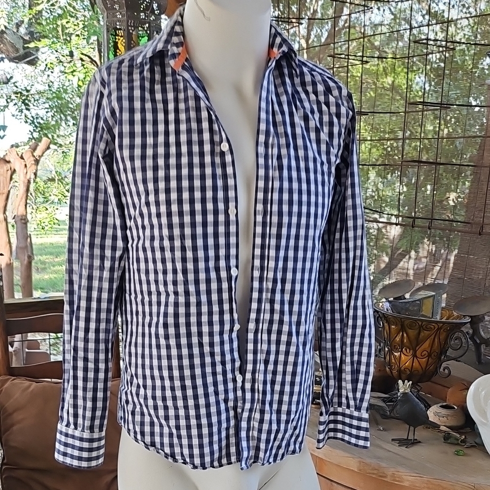 Jeremy Argyle NY Blue White Cotton Poplin Gingham Long Sleeve Shirt Size Small